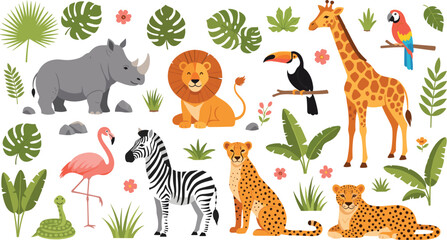 Safari Wildlife Animal Cartoon Vector Set with Lion, Giraffe, Zebra, Rhino, Flamingo, Leopard and Tropical Jungle Plants © nice
