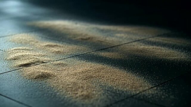 Sand particles scattered on a textured, tiled surface, bathed in subtle light and shadow. The abstract composition invites contemplation.
