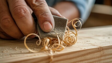 Close-up of skilled hand sanding wood with sandpaper