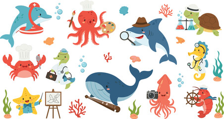 Cute ocean animals professions cartoon vector set with dolphin octopus shark whale crab turtle seahorse starfish characters © nice
