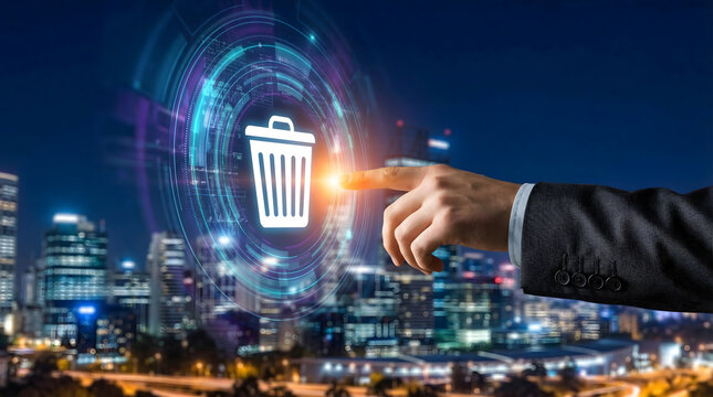 Business hand interacts with glowing digital trash can icon surrounded by abstract technology circles in urban cityscape at night for data deletion