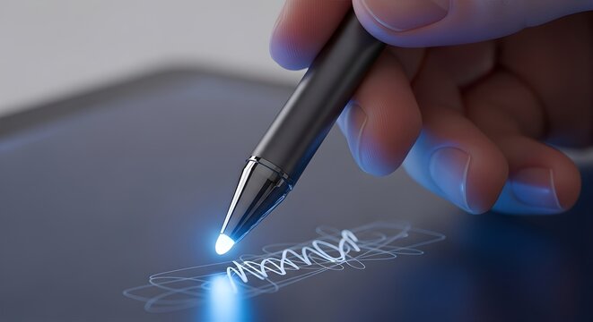 Hand using stylus on digital tablet with glowing line
