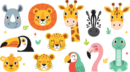 Cute safari animals cartoon vector set with lion giraffe zebra rhino toucan flamingo parrot leopard snake kids illustration © nice