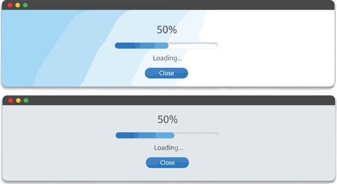 "User interface windows with loading bars at fifty percent completion, featuring progress indicators, close buttons, and design variations for software applications and digital UI elements"