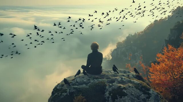 A lone individual sits atop a towering mountain, gazing across the expansive landscape where birds ascend through clouds, embarking on a profound spiritual journey of philosophical thought, 