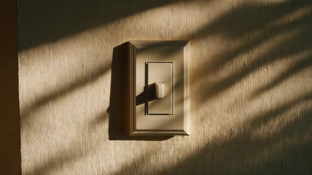 Sunlight illuminates a wall-mounted light switch with dappled shadow patterns.