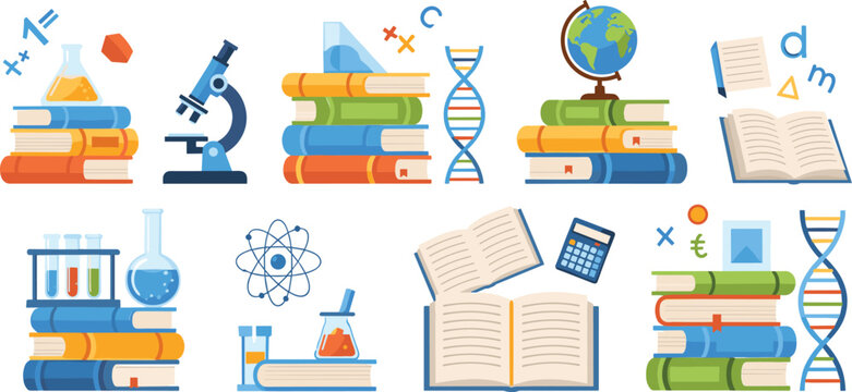 Education science books cartoon vector set with microscope DNA globe chemistry lab equipment school learning illustration