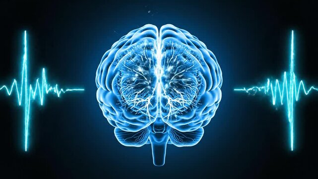 Glowing blue human brain with electric brainwave activity on dark background