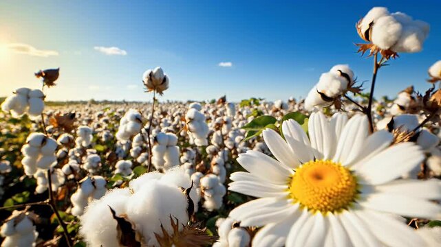 A close-up view of fluffy cotton bolls in a field with a daisy in the foreground