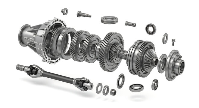 Exploded view of a complex automotive transmission system showing gears, shafts, and differential components.