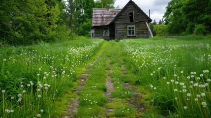 Fototapeta premium Abandoned Wooden House Surrounded by Lush Green Grass and Dandelions on a Cloudy Day