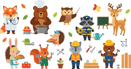 Fototapeta premium Cute Animal Workers and Professions Cartoon Vector Set with Fox Doctor, Raccoon Firefighter, Beaver Builder, Owl Teacher