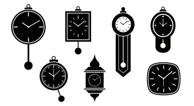 Collection of Black Silhouette Vintage and Modern Clocks Icons on White Background