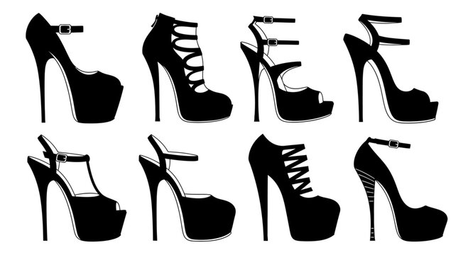 Collection of Black High Heel Platform Shoes, Fashion Footwear Assortment