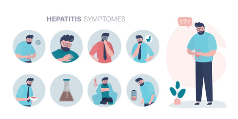 Fototapeta premium Hepatitis symptoms, infographic medical poster. Liver disease, sick and unhappy male character. Medical infographic. Hepatitis B symptoms, diagnostic and treatment