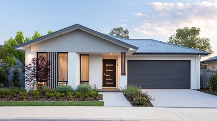 suburban. Australian suburban home with clean architectural lines, set in a peaceful residential neighborhood. real-estate listings.