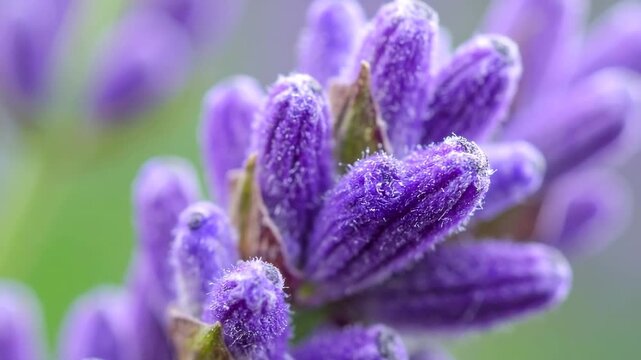 Macro shot of a purple flower head, detailed with fuzzy textures