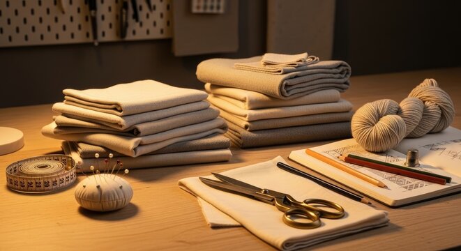 Fabric and Sewing Supplies on a Wooden Table.