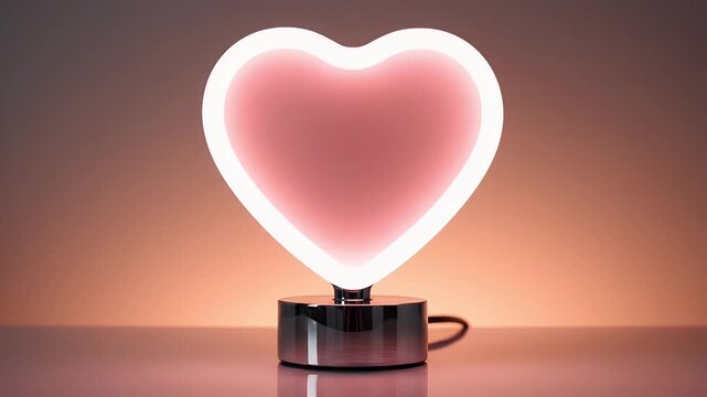 Shimmering Pink Neon Heart Lamp Exquisitely Mounted on a Black Pedestal in a Sunset Gradient Studio
