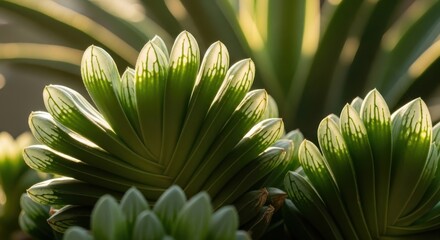 Obraz premium Close-up view of a vibrant green succulent plant's detailed leaves with soft lighting