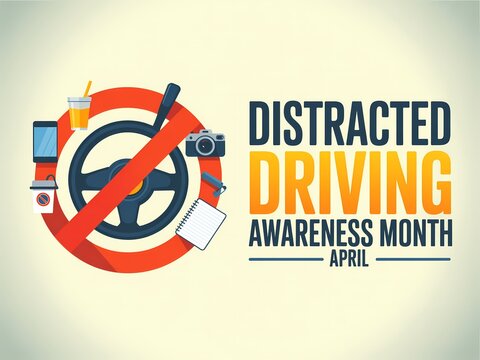 Distracted driving awareness month logo with red circle and line through steering wheel and various distracting objects