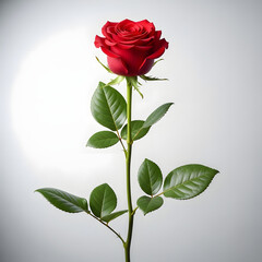 Vibrant red rose with lush green leaves on stem floral beauty in bloom
