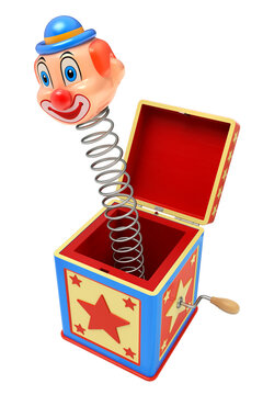 Jack in the box jumping out from a colorful box isolated on transparent background - 3d PNG illustration