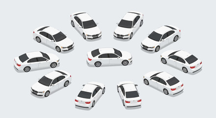 Fototapeta premium Isometric view of white sedans arranged in a circle on a neutral background