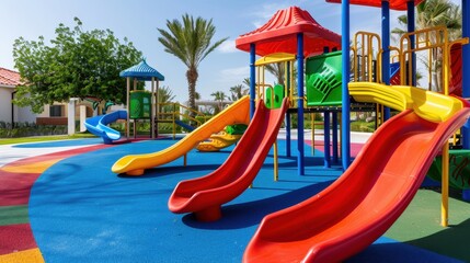 Colorful playground slides in sunny outdoor park with palm trees and vibrant rubber flooring for children and families