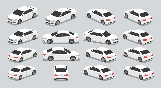 Isometric view of white cars in multiple perspectives on a grey background