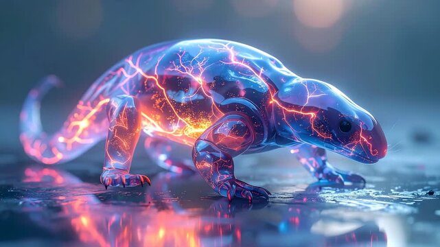 A glowing, stylized salamander with electrical patterns, reflecting on wet surface