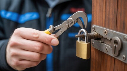 Fototapeta premium Locksmith using bolt cutters to cut a padlock on a wooden door