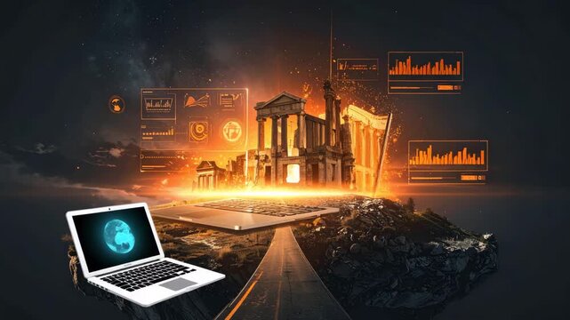 Futuristic data display with laptop, ancient ruins, and space background