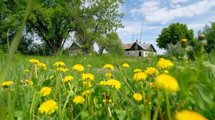 Obraz premium Vibrant Yellow Dandelions in a Lush Green Meadow with Abandoned Farmhouse Under Clear Blue Sky