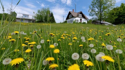 Obraz premium Vibrant Scene of Dandelions in Bloom with Charming House and Blue Sky Background