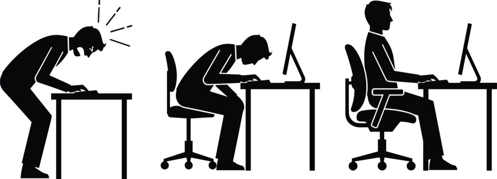 Set of silhouettes showing bad and good office posture, ergonomic versus unhealthy sitting positions at a desk, isolated on white