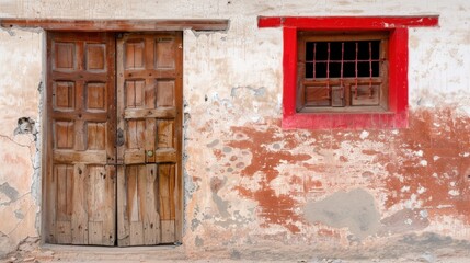 Obraz premium Weathered Wooden Door and Rustic Window on a Textured Wall in a Vintage Setting