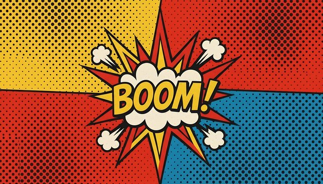 Colorful comic book style boom explosion with halftone pattern background
