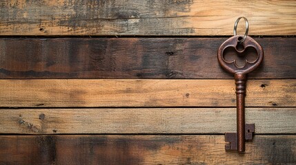 ownership. A house key symbol resting on vintage wood representing property and ownership concepts. real-estate listings.