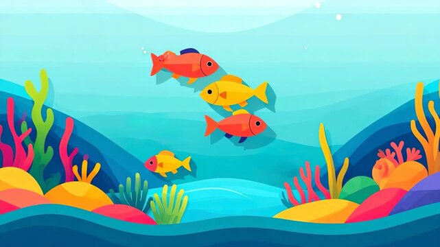 Stylized illustration of a vibrant underwater scene with fish and coral