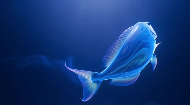 Magical glowing fish with shimmering tail moves through dark blue water with light rays