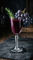 Rich purple grape juice in a stemmed glass garnished with fresh rosemary and a bunch of grapes