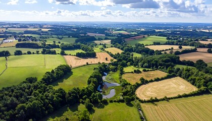 Obraz premium Aerial view of lush green countryside with fields, trees, and a stream