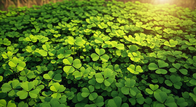 Lush Green Clover Field Background with Soft Sunlight &ndash; Fresh Shamrock Nature Texture