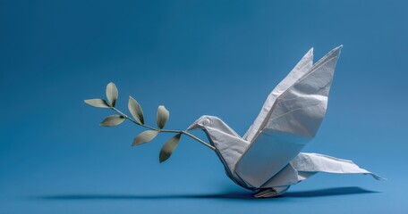 Obraz premium The Origami Crane Holding a Leafy Branch on a Blue Background
