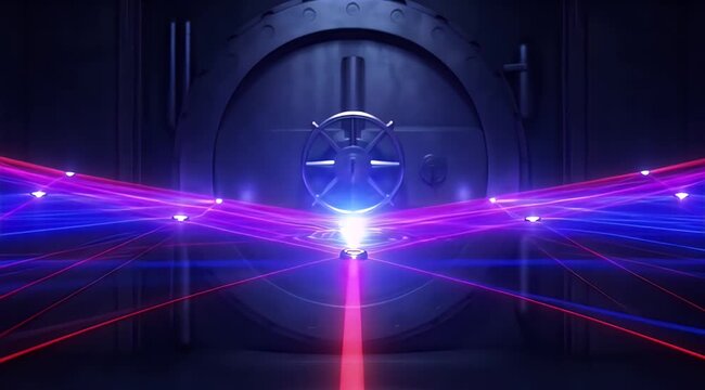 High-tech vault door protected by an intricate, glowing red and blue laser grid security system