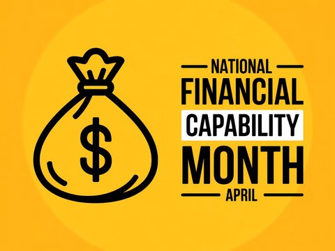 National financial capability month icon with money bag and text on orange background