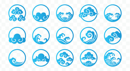 Traditional Asian Waves and Clouds Vector Icon Set Japanese and Chinese Nature Elements