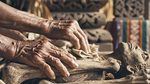 Close up of elderly wrinkled hands cleaning an ancestor mummy with a cloth during the traditional Manene ritual in Tana Toraja