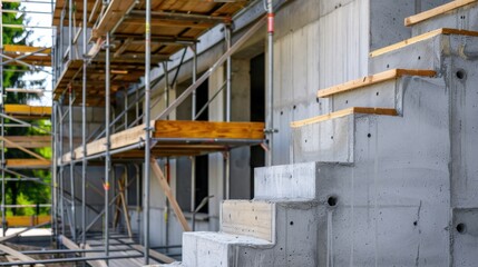 Modern Concrete Staircase Under Construction Surrounded by Scaffolding and Building Materials in Urban Setting